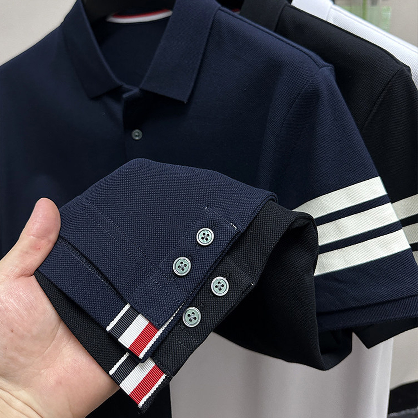 tb短袖t恤男士夏季翻领polo衫高级感针织条纹三条杠休闲纯棉上衣