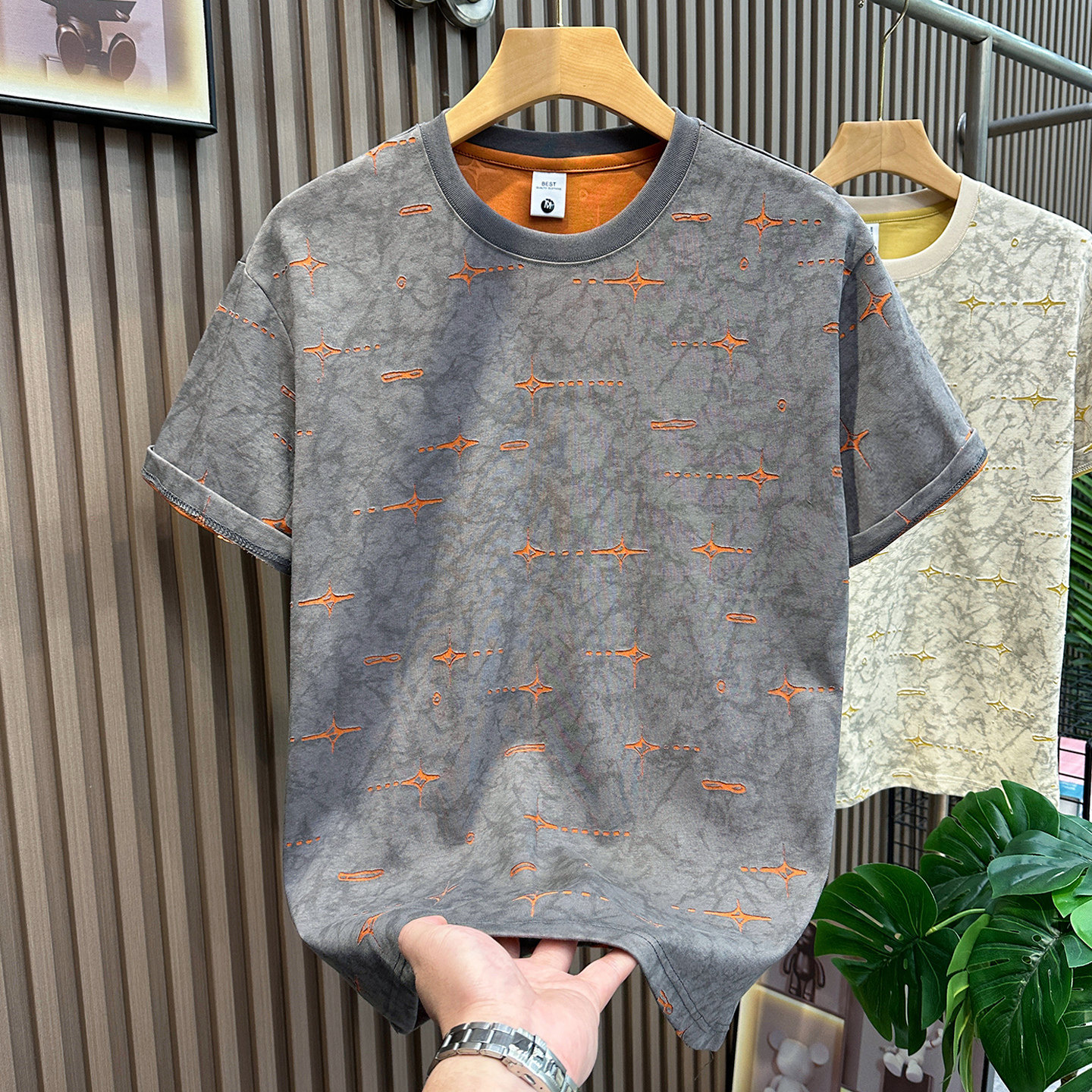 美式复古时尚烧花短袖T恤男2026新款冰丝棉休闲体恤夏季薄款潮流