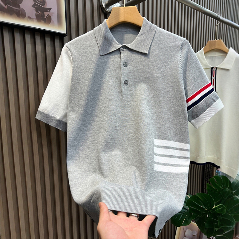 2025夏季高端设计感拼接条纹针织短袖polo衫男修身轻奢半袖打底衫