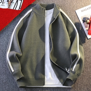 轻熟男士立领韩系双拉链针织毛衣外套秋冬季休闲宽松简约立领开衫