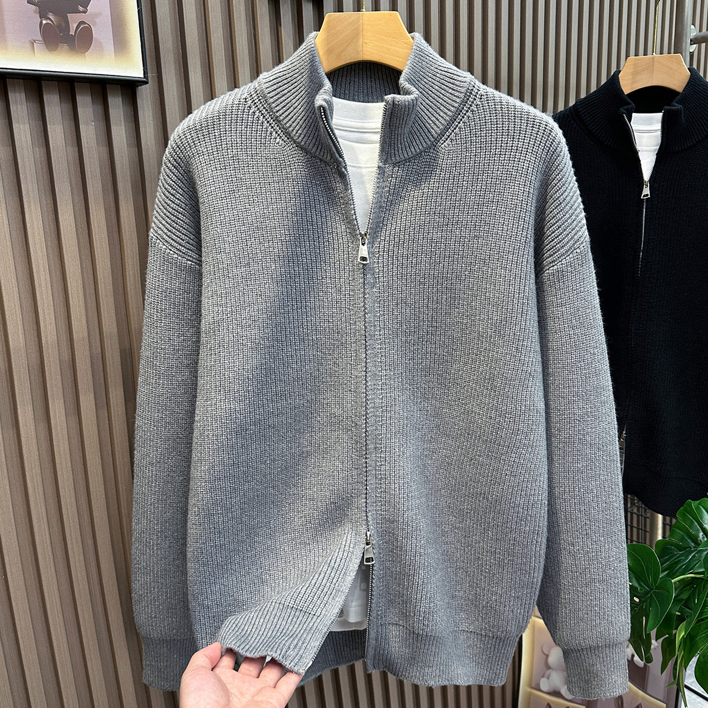 1000g双拉链立领开衫毛衣男秋季cleanfit美式针织衫外套宽松上衣