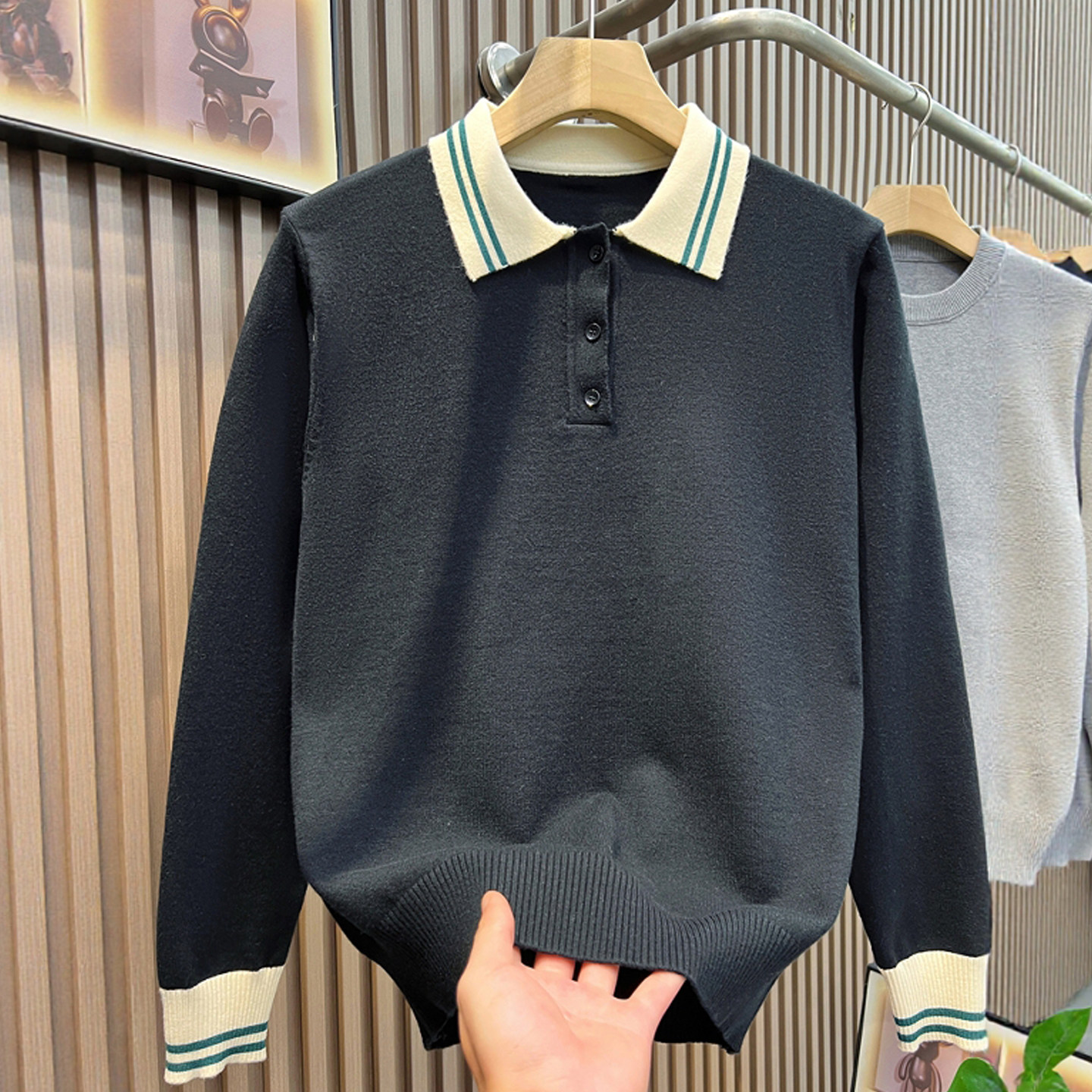 秋季轻奢男款毛衣翻领针织衫韩版轻熟风个性拼接领修身男士polo衫