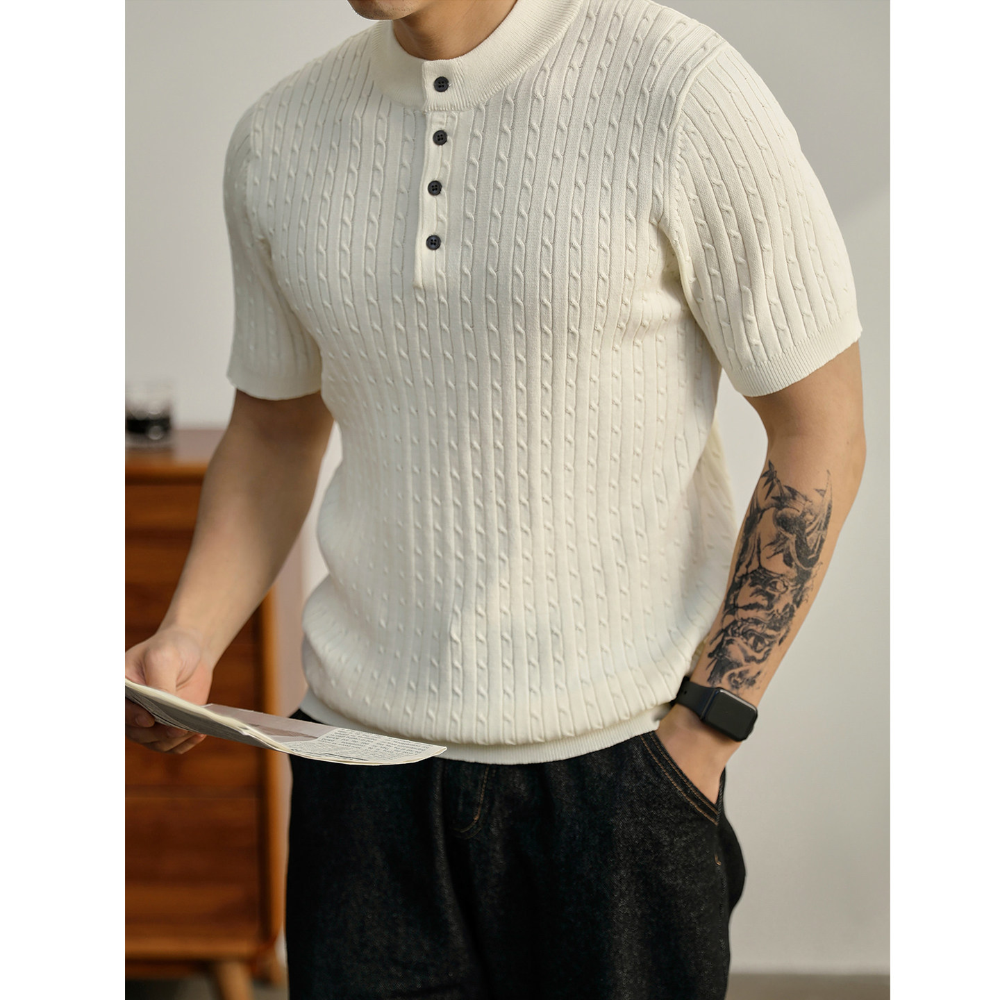 高级感老钱风针织短袖T恤男士夏季宽松亨利领短T韩系通勤百搭上衣