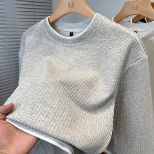 假两件圆领卫衣男款秋冬季加厚套头上衣服宽松t恤男长袖纯色百搭