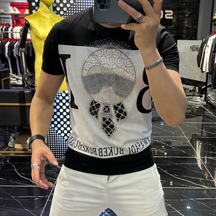 短袖t恤男2025夏季新款欧洲站潮牌休闲时尚烫钻潮流修身圆领体恤