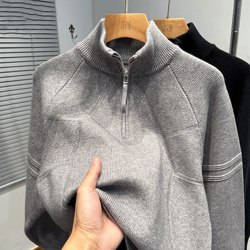 半高领拉链毛衣男秋冬季2025新款宽松套头纯色打底针织衫男生潮流