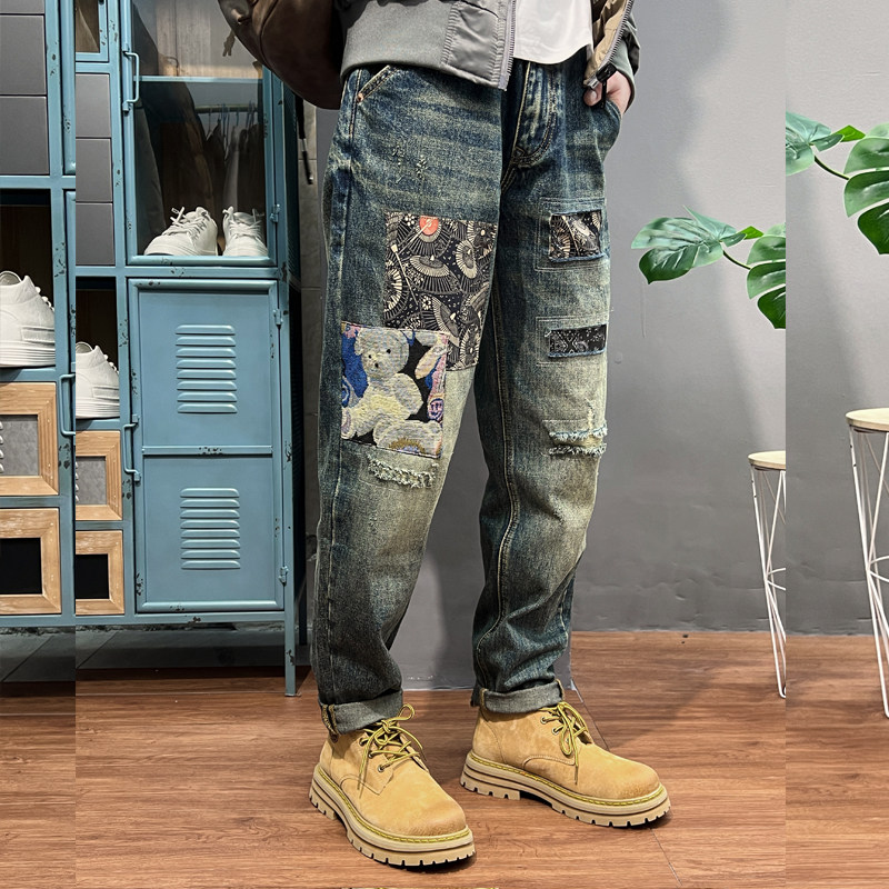 美式复古破洞牛仔裤男春秋季新款高街潮牌宽松哈伦裤补丁休闲裤子,男装,牛仔裤,淘宝优惠券,粉丝福利购,淘宝优惠卷