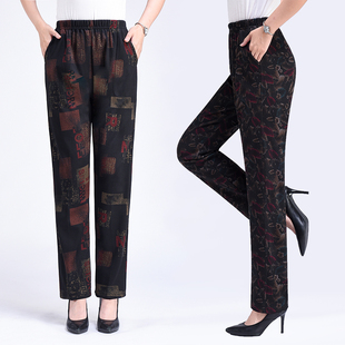 花裤 松紧高腰直筒休闲裤 弹力加绒裤 子妈妈装 春秋款 长裤 中老年女裤