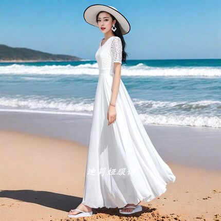 短袖蕾丝白色大摆连衣裙收腰显瘦飘逸长裙海边旅游度假拍照沙滩裙