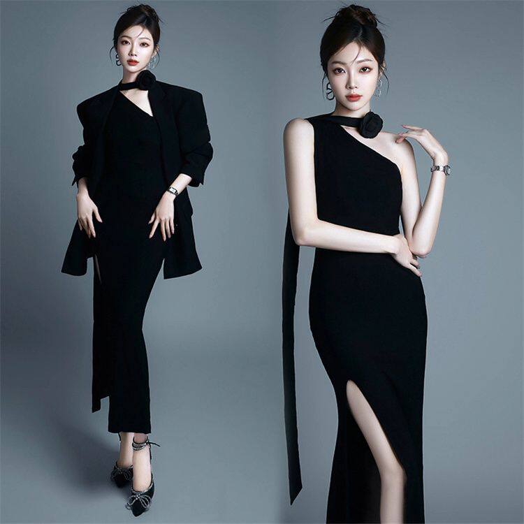 影楼新款气质高级感黑色西装礼服职业形象照肖像主题艺术拍照服装