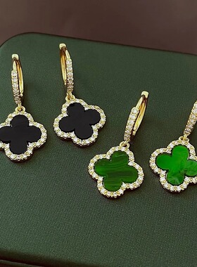 奥特莱斯折扣特价撤柜捡漏18K金绿黑色四叶草耳环镶钻耳扣女耳饰