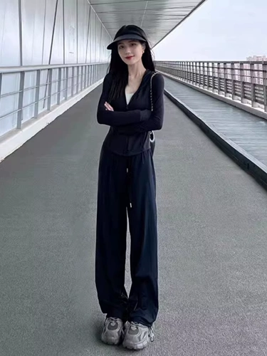Весенняя черная шелковая одежда для защиты от солнца, спортивный костюм, комплект, городской стиль