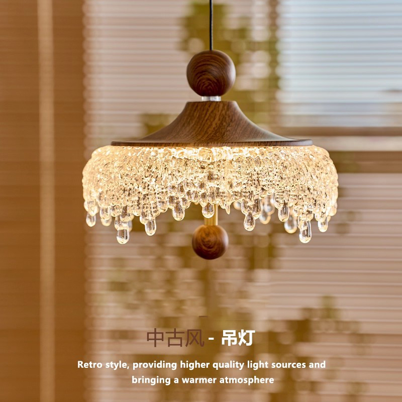 中古升降餐厅吊灯冰山水滴复古胡桃木色过道灯法式触摸床头小吊灯