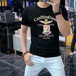 上衣體恤潮牌修身 夏季 T恤 短袖 圓領休閑潮流半袖 新款 蠶絲棉男士