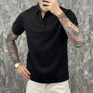 男polo衫 潮男正肩衬衫 黑色短袖 痞帅夏季 上衣潮 领t恤美式 宽松短袖