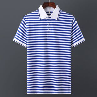 男装 T恤蓝白条纹带领纯棉夏季 翻领海魂衫 短袖 有领半袖 海军POLO衫