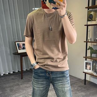 纯色修身 t恤男士 新款 圆领基础简约T 半袖 亚麻夏季 薄款 冰丝棉麻短袖