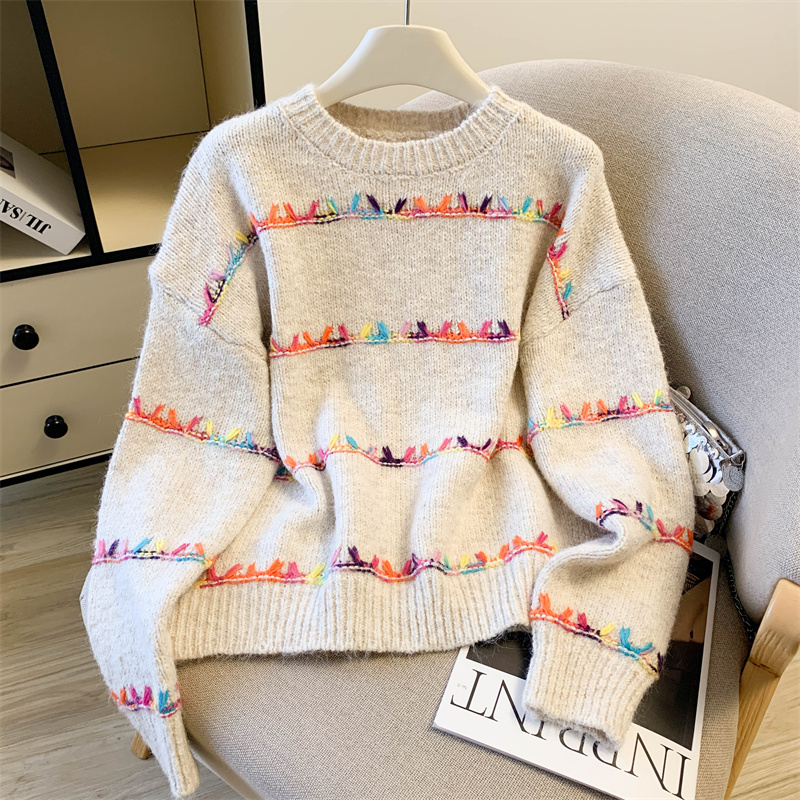 大码胖mm2025秋季新款慵懒风休闲条纹长袖毛衣宽松显瘦套头上衣女