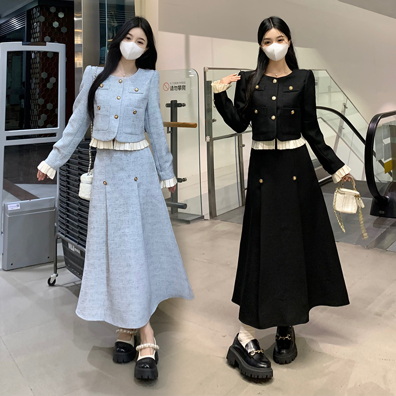 小香风蓝色名媛气质西装半裙两件套装2024秋季新款大码女装两件套