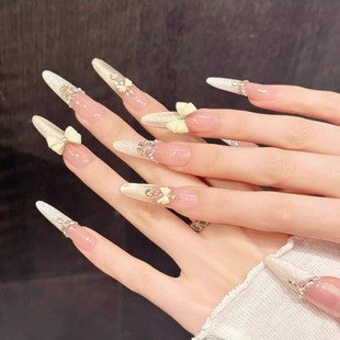 穿戴甲片 粉透裸色立体蝴蝶结轻奢温柔长短款 粉蝶钻柔