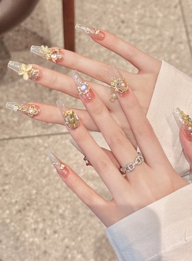 【百变小樱】纯手工金色奢华穿戴甲闪钻高级显白美甲气质招财