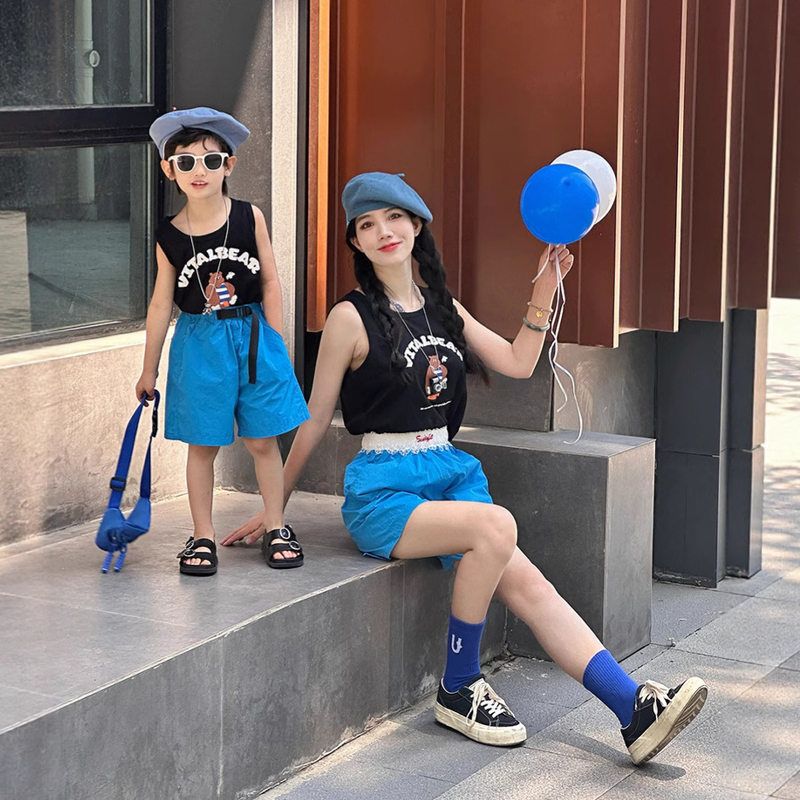 亲子装夏季母女装母子装多巴胺短裤一家三口四口糖果色背心裤子