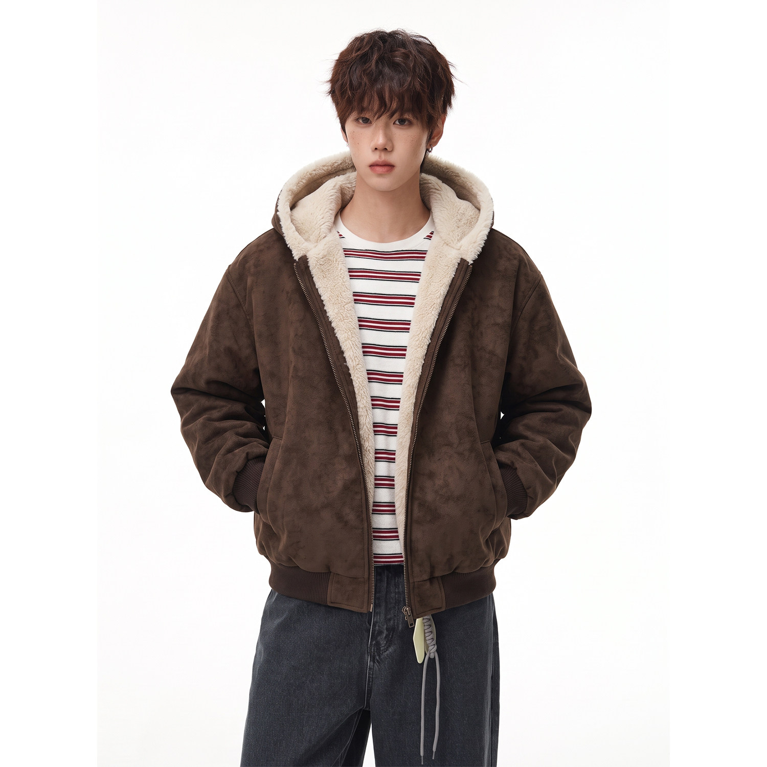 美式座山雕PU皮连帽加绒棉服男