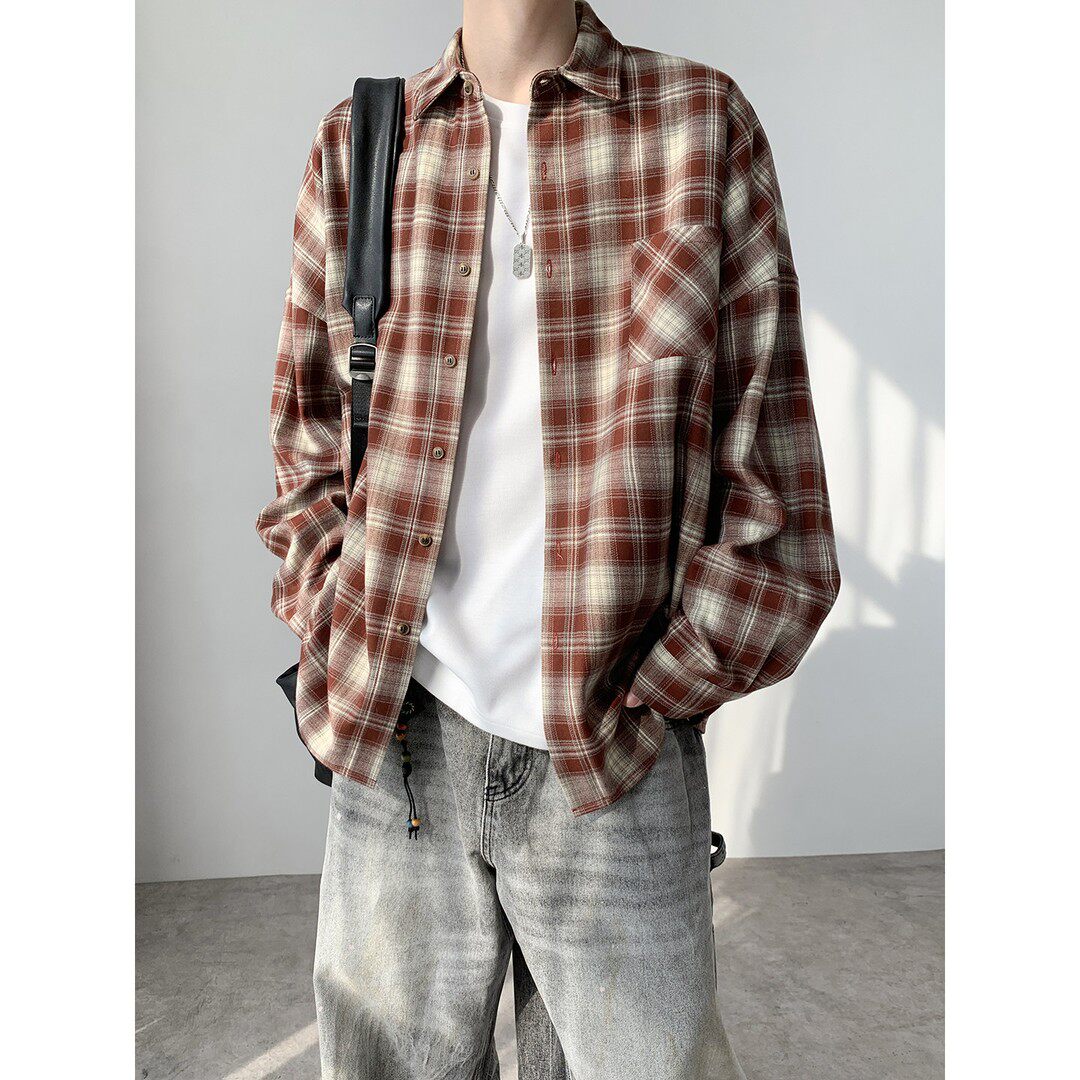 港仔文艺男长袖格子衬衫男春秋休闲内搭男生格纹男士衬衣外套男款