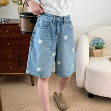 复古星星印花牛仔短裤女夏季新款大码高腰宽松a字五分裤阔腿中裤