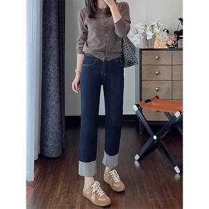 深蓝色直筒牛仔裤女春季新款胖mm梨形身材弹力显瘦拼接九分烟管裤
