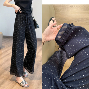 波点花边直筒裤女夏薄款胖妹妹mm高腰宽松显瘦设计感休闲九分裤子
