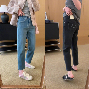 弹力蓝色直筒牛仔裤女春季新款胖妹妹梨型身材裤子高腰显瘦烟管裤