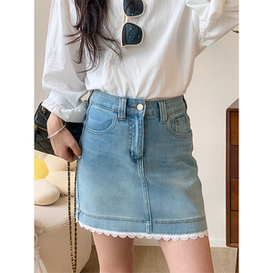 蕾丝拼接牛仔半身裙女2025夏季新款高腰a字短裙防走光复古包臀裙