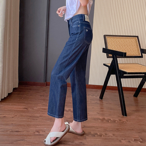 大码女装防褪色丹宁四面弹直筒牛仔裤秋季新款胖mm高腰显瘦九分裤
