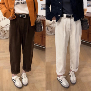 咖啡色灯芯绒松紧哈伦休闲裤女大码胖mm秋冬新款加厚直筒阔腿裤子