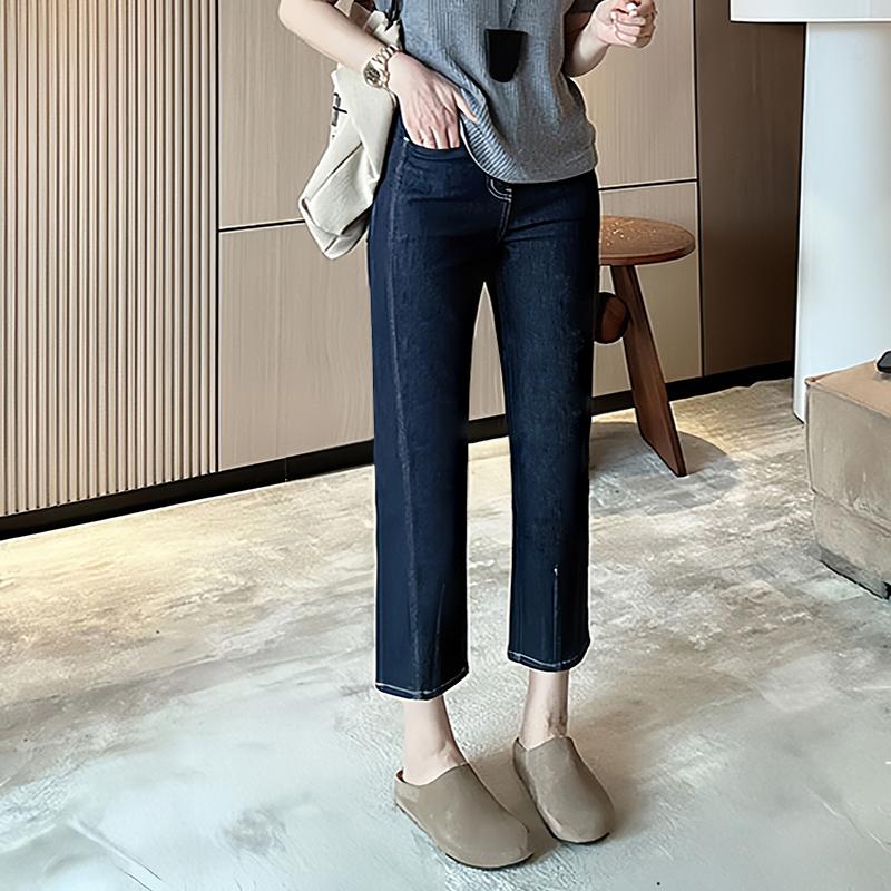 深蓝色直筒牛仔裤女春季新款梨形身材大码胖mm显瘦高腰弹力九分裤