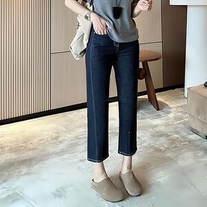 深蓝色直筒牛仔裤女秋季新款梨形身材大码胖mm显瘦高腰弹力九分裤