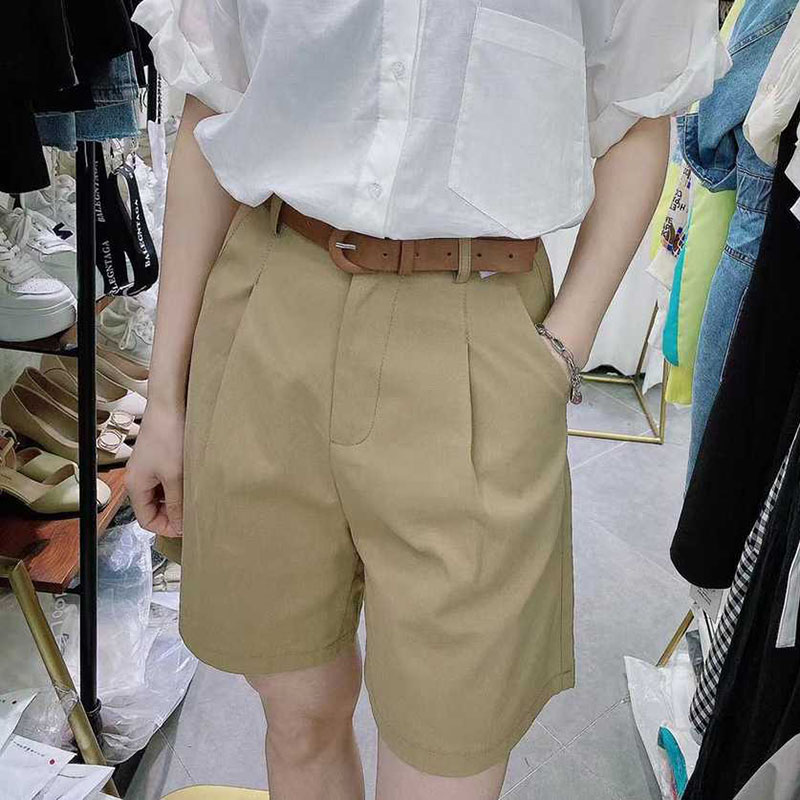 2025年夏季新款宽松休闲短裤大码女装高腰西装卡其色阔腿五分裤潮