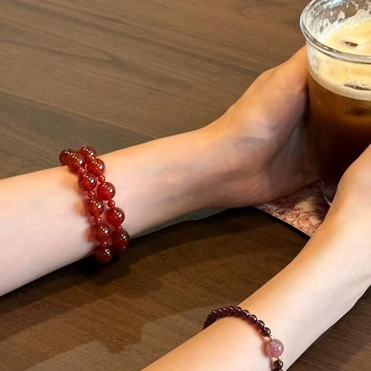 露思同款许我耀眼许妍同款手链红玛瑙 4+8mm多层双圈手串DIY手饰