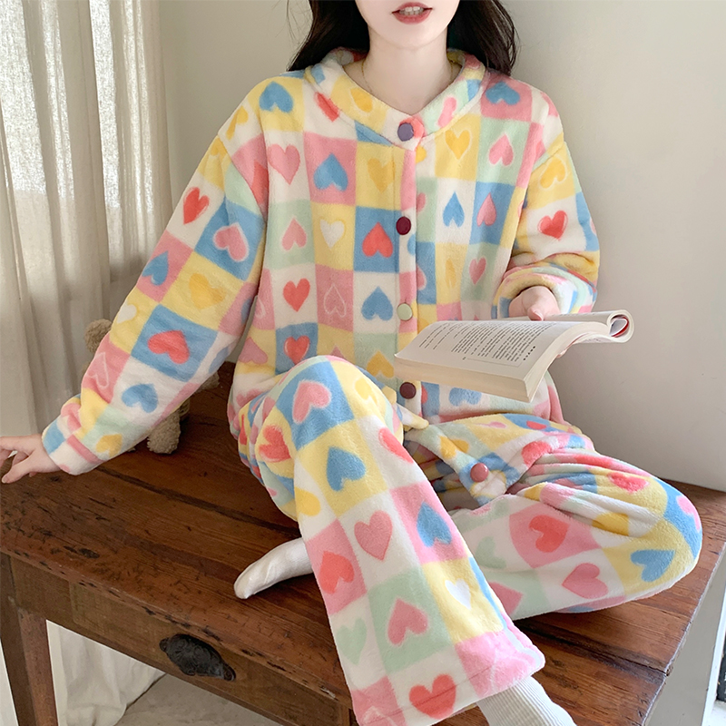 甜美爱心珊瑚绒睡衣女秋冬季加厚