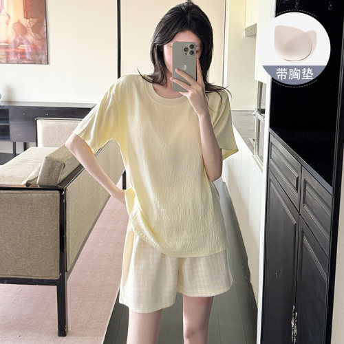 带胸垫睡衣女款夏带胸垫短袖套装