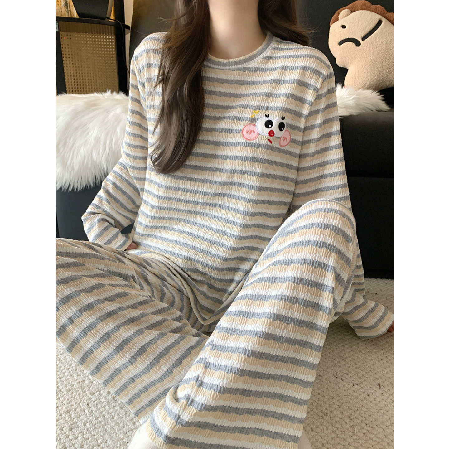 卡通撞色条纹长袖睡衣女2026新款春秋季简约高级感针织家居服套装