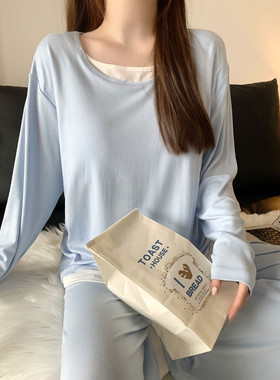带胸垫睡衣女款春秋季长袖莫代尔简约蓝色假两件可外穿家居服套装