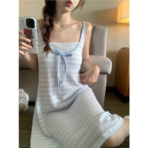 条纹吊带睡裙女夏带胸垫蕾丝花边