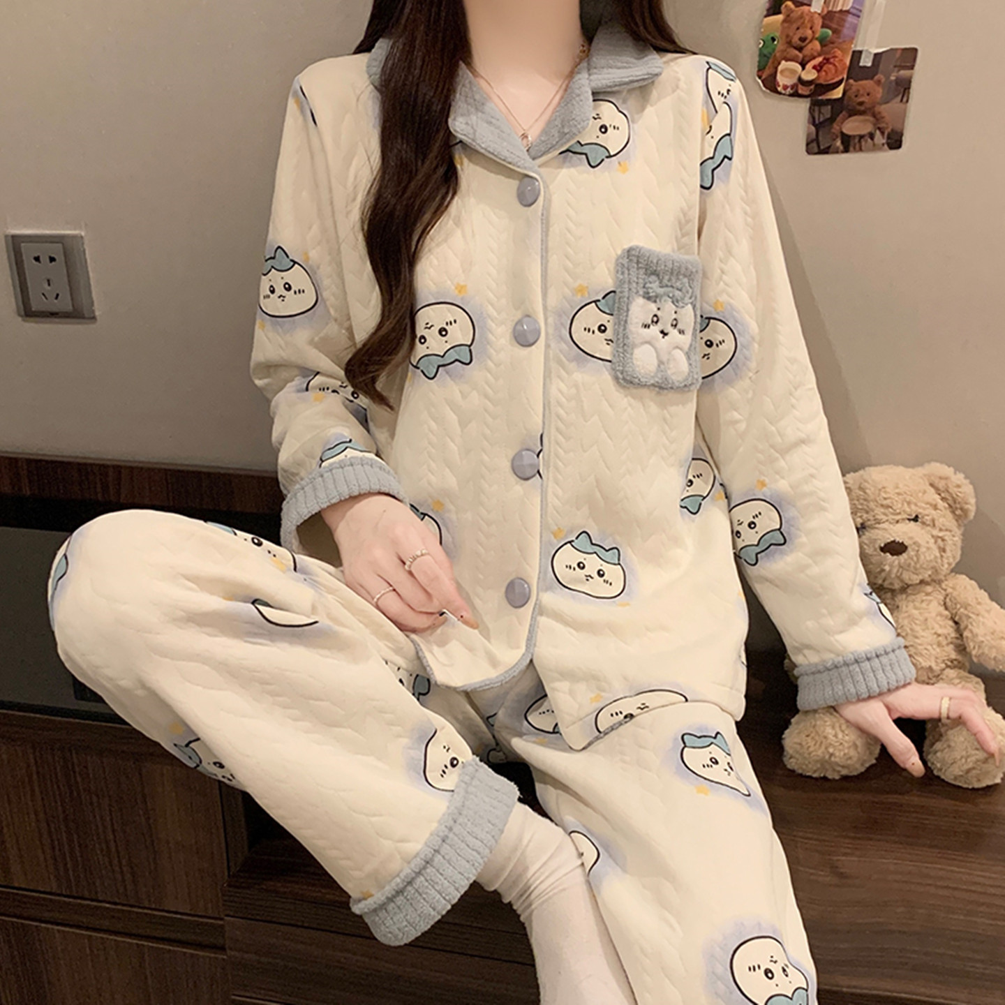 日系小八睡衣女秋冬季夹层空气棉