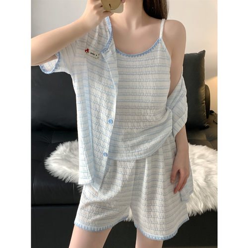 条纹吊带三件套睡衣女款夏季带胸垫甜美小清新短袖短裤家居服套装