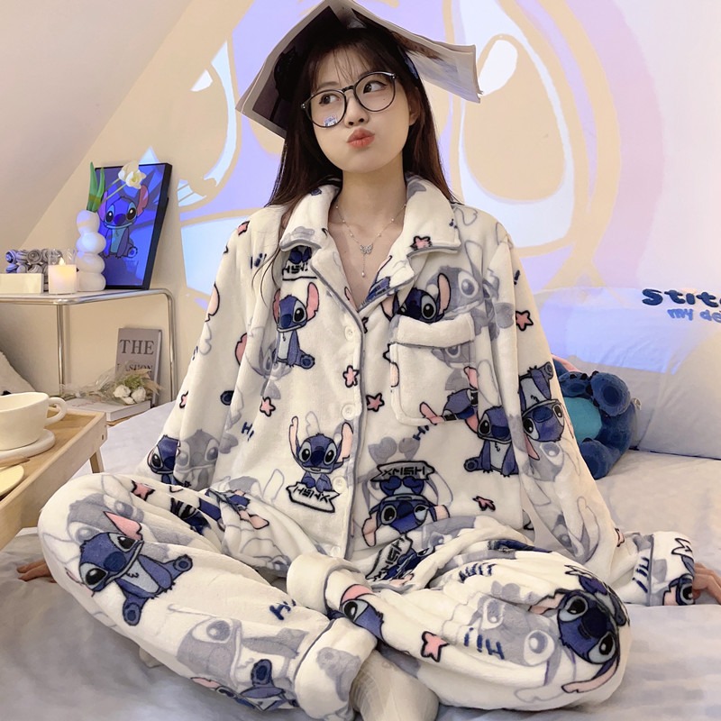 珊瑚绒睡衣女冬季加厚史迪仔套装