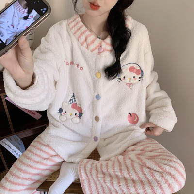 半边绒睡衣加厚保暖KT猫条纹套装