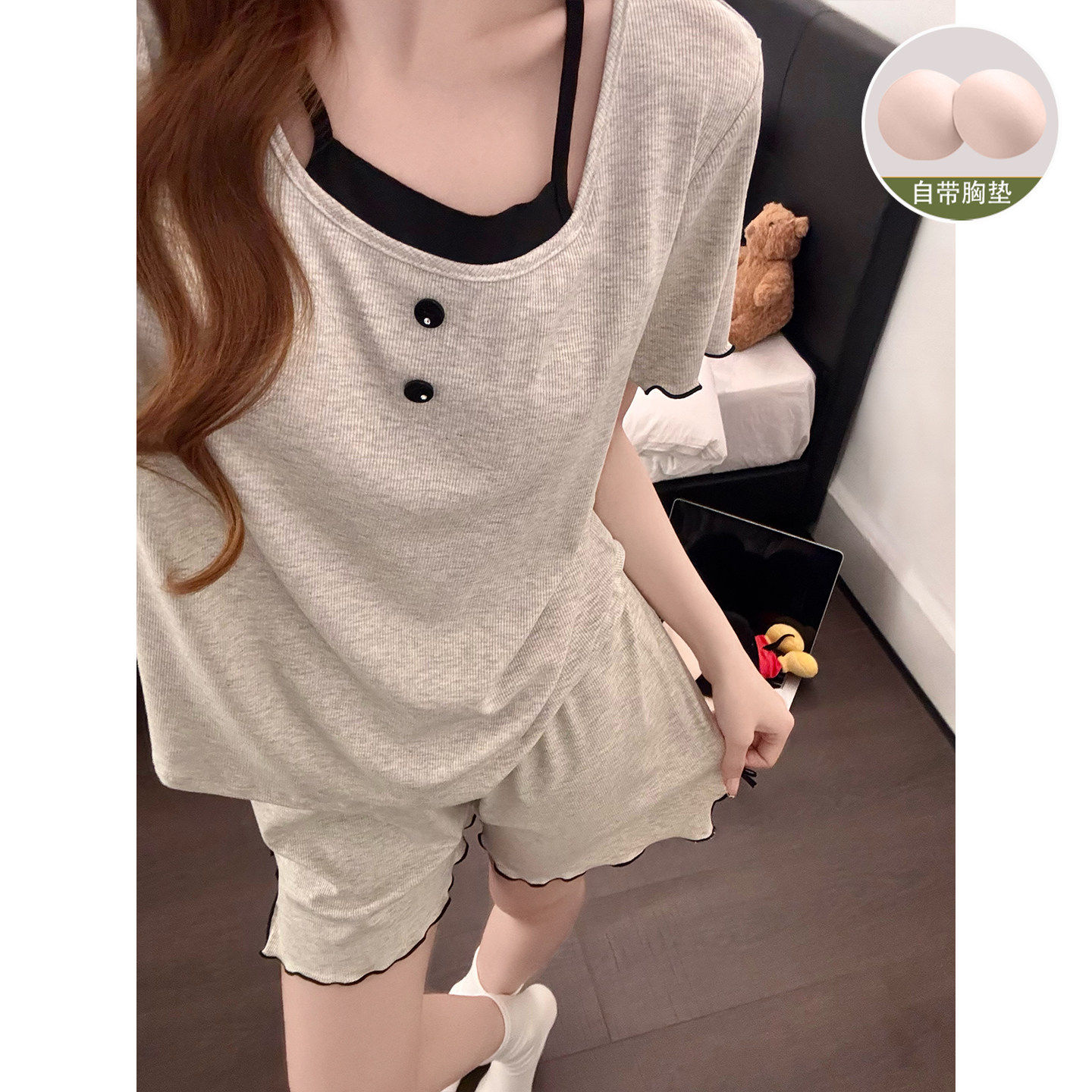 韩版莫代尔睡衣女款带胸垫2026新款夏季纯欲假两件短袖套装家居服