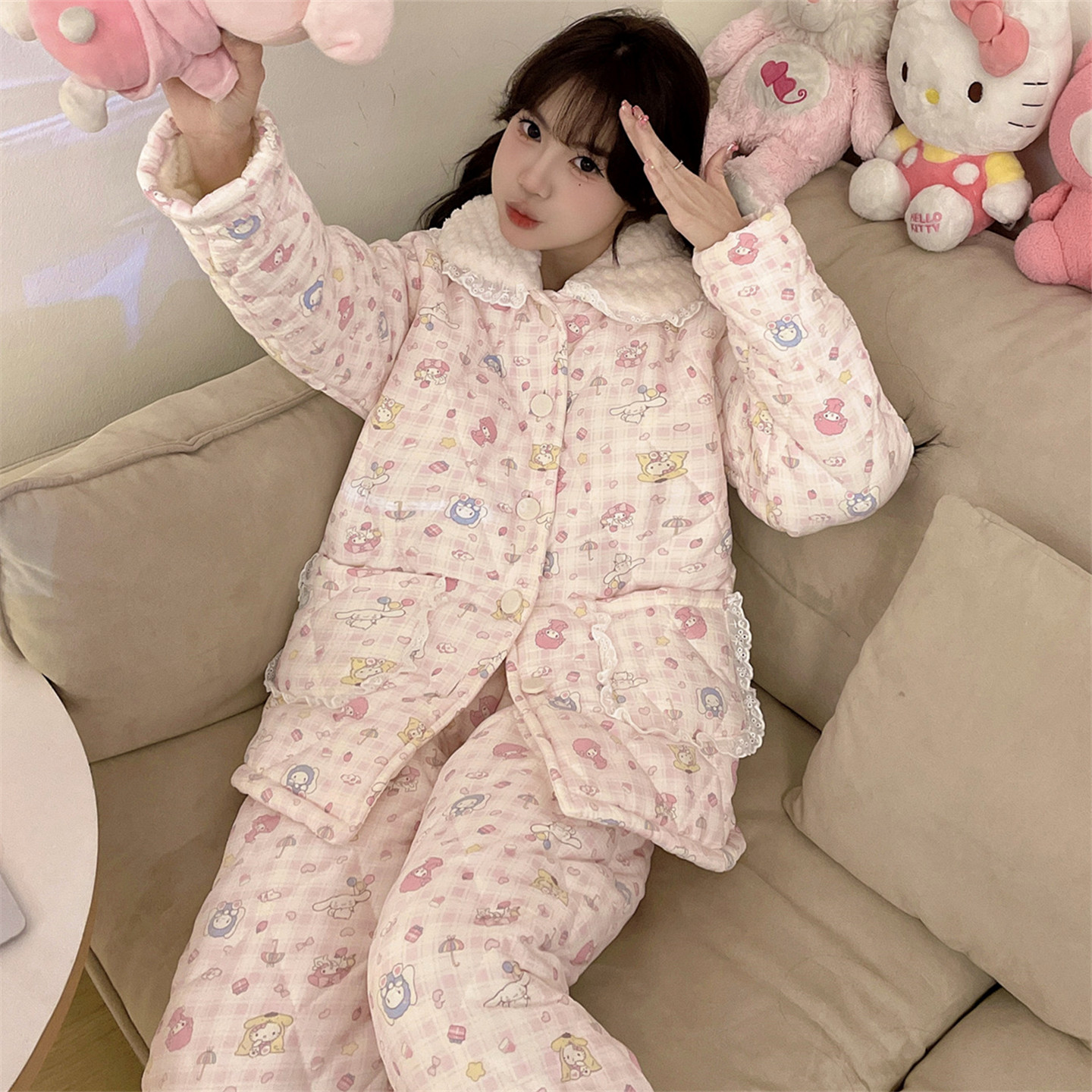 珊瑚绒睡衣女冬三层夹层加厚保暖